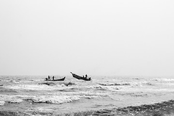 Fototapeta na wymiar Fishing boats met face to face in velamkani beach