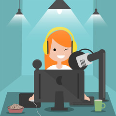 Young character sitting at computer desk.Streaming.Cloud gaming service.Flat cartoon design.Clip art