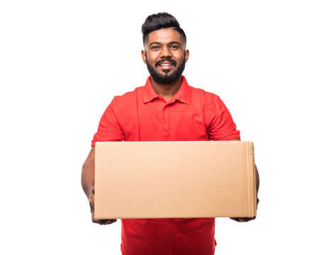 Indian Asian handsome delivery man with Box, isolated over white background
