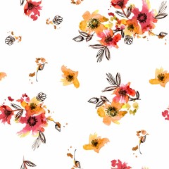 Watercolor hand painted seamless pattern with red and yellow flowers on a white background