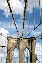 Fototapeta premium new york, nyc, ny, manhattan, bridge, brooklyn bridge, architecture, city, blue, cables, river, flag,