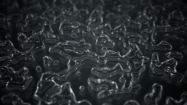 Abstract background with animation of morphing shapes as topographic map or stripes data transfer with flickering particles. Animation of seamless loop.