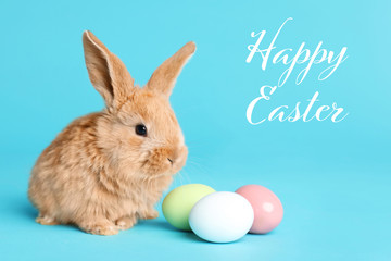 Adorable furry Easter bunny and dyed eggs on color background, space for text