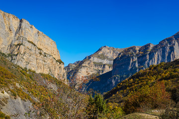 Fototapeta na wymiar Caucasus mountains, Cherek gorge. Autumn weather in the mountains. Panoramic view of the beautiful nature of the Caucasus