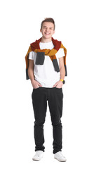 Fototapeta premium Portrait of handsome teenage boy on white background