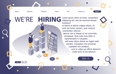 We are hiring concept with character. Can use for web banner, infographics, hero images. Flat isometric vector illustration isolated on white background.