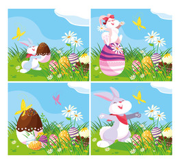 cards with rabbits and eggs of easter in garden