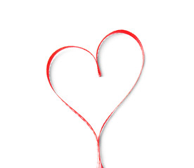 Heart made of satin ribbon on white background, top view