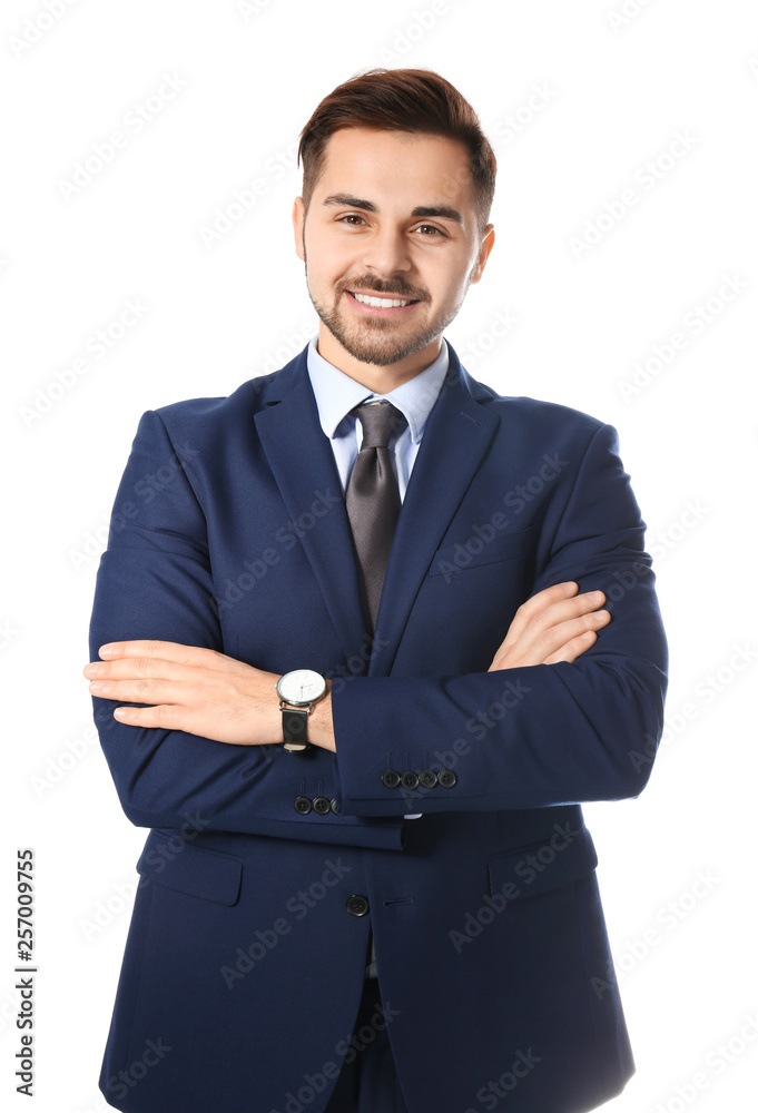 Poster Portrait of successful businessman posing on white background