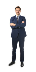 Full length portrait of businessman posing on white background