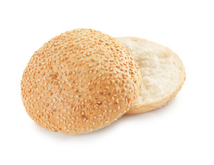 Sliced hamburger bun on white background. Bread product