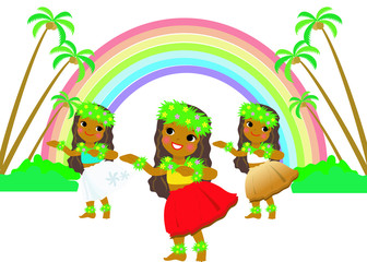 虹と椰子の木の前でフラダンスを踊る三人娘