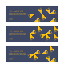 Obraz na płótnie Canvas Web banner design template set consisting of abstract background patterns made with brush strokes forming triangle shapes. Modern, yellow vector art on dark blue background.