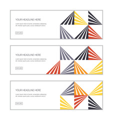 Web banner design template set consisting of abstract background patterns made with stripes forming triangles. Playful, modern vector art. Grey, orange, yellow and black colors on white background.