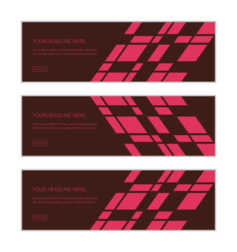 Web banner design template set consisting of abstract background patterns made with parallelogram shapes forming hexagons in pink and red colors. Modern, decorative vector art.