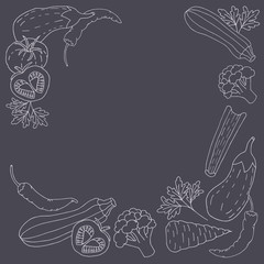 Sketch of vegetables on chalkboard. Menu concept. Hand drawn flat vector illustration.