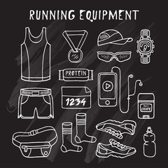 Running equipment in doodle style. Vector. Chalkboard.