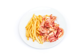 pile of french fries and bacon on white plate