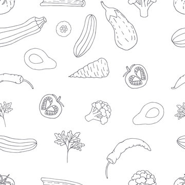 Sketch of vegetables on white bacground. Vector hand drawn seamless texture.