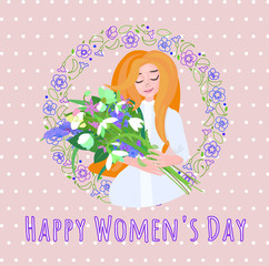 cute girl with a bouquet of white, violet and pink flowers. International Women s Day banner