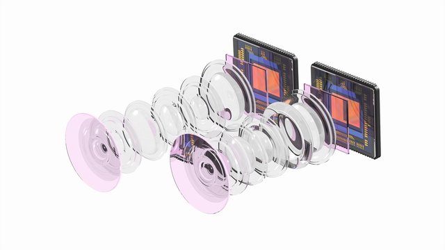 Mobile dual camera concept, two smartphone sensors, optical layout wide 16x9 format, 3D rendering, isolated on white