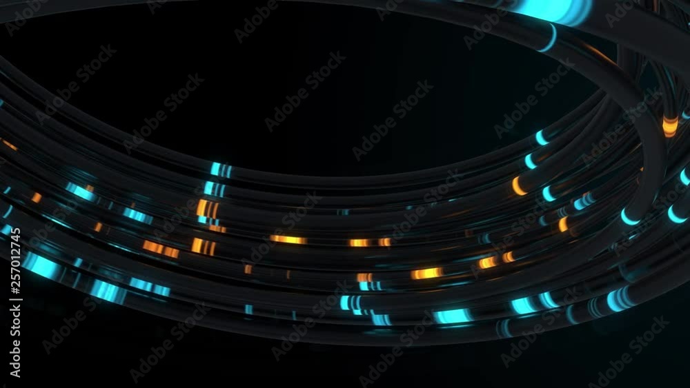 Poster 3d render of reflective cables with glow segments. data transferring. information concept. technolog