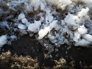 Texture of ice and melting snow on the muddy ground closeup in March
