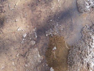Texture of melting snow on the sidewalk closeup in Russia in early spring