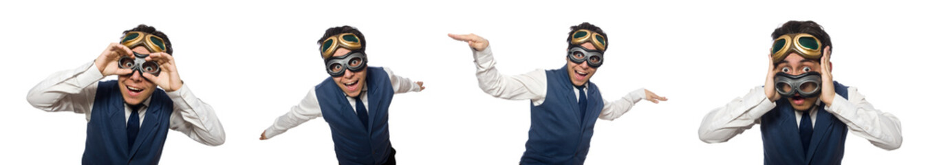 Funny man wearing goggles isolated on white