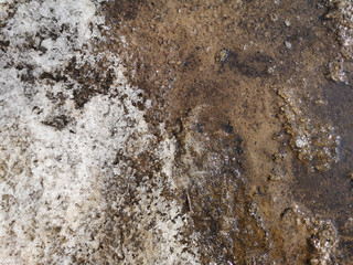 Texture of melting snow on the sidewalk closeup in Russia in early spring