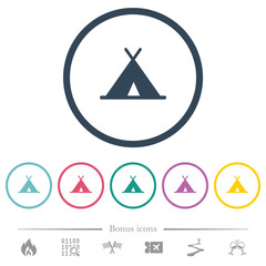 Tent flat color icons in round outlines
