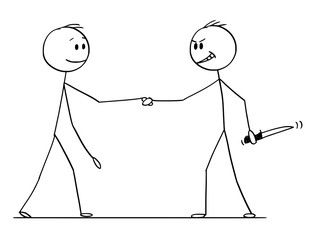 Cartoon stick figure drawing conceptual illustration of two men or businessmen or politicians handshaking, one of them with knife hidden in hand.