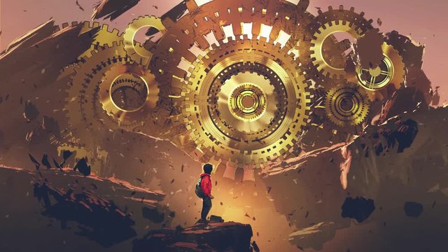 boy standing on a floating rock looking at golden gears, motion painting