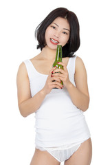 Chinese woman holding bottle of beer isolated on white background