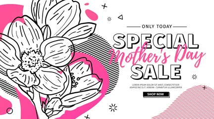 Modern Template design for Mom day banner. Promotion layout for mother's day offer with flower decoration. Line illustration  floral blossom with abstract geometric shape for sale. Vector.