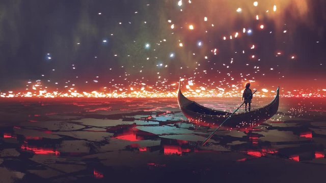 fantasy world scenery showing a boy rowing a boat in the land of volcanic, motion painting