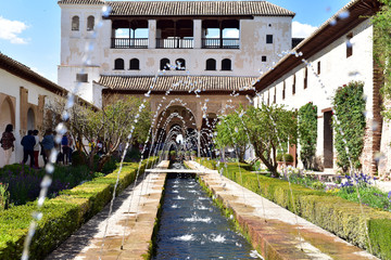Obraz premium Water fountains in the Patio de la Acequi in the Generalife gardens, Alhambra, Granada, Andalucia, Spain