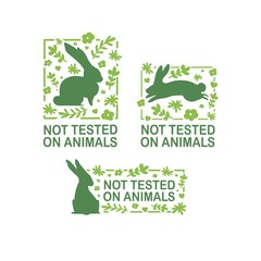 Set animal logo cruelty free. Sign with silhouette rabbit and flower and nature leaf. Design stapm for product not tested on animals. Layout Badge for natural cosmetic.  Vector symbol.