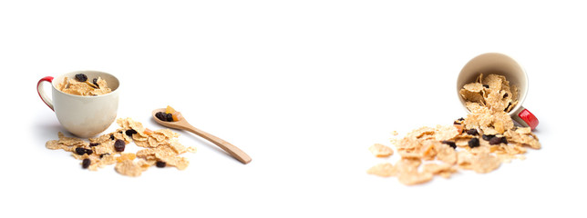 whole grain cereal flakes which mixed berry fruit and raisins for breakfast isolaed on white background