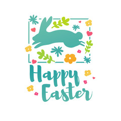 Fototapeta premium Design template banner for Happy Easter. Silhouettes of rabbit with simple floral, herb, plant decoration. Square card with logo for spring happy easter offer and sale. Vector