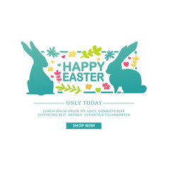 Design template banner for Happy Easter. Silhouettes of rabbit with simple floral, herb, plant decoration. Square card with logo for spring happy easter offer and sale. Vector
