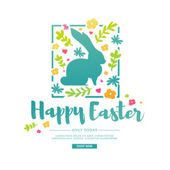 Design template banner for Happy Easter. Silhouettes of rabbit with simple floral, herb, plant decoration. Square card with logo for spring happy easter offer and sale. Vector