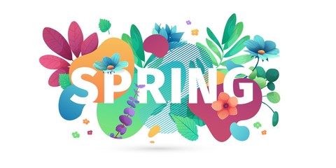 Fototapeta na wymiar Template design banner for spring season sale. Promotion offer layout with plants, leaves and floral decoration. Abstract shape with flowers frame. Vector