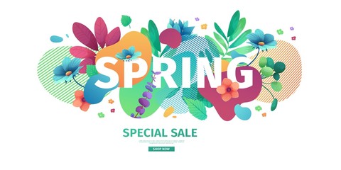 Template design banner for spring season sale. Promotion offer layout with plants, leaves and floral decoration.  Abstract shape with flowers frame. Vector - obrazy, fototapety, plakaty