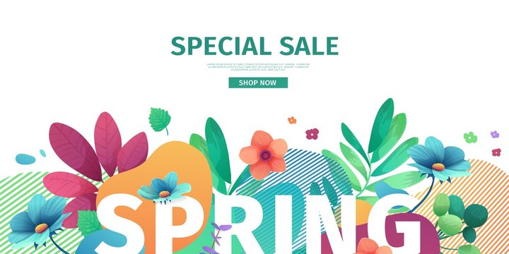 Template design banner for spring season sale. Promotion offer layout with plants, leaves and floral decoration.  Abstract shape with flowers frame. Vector