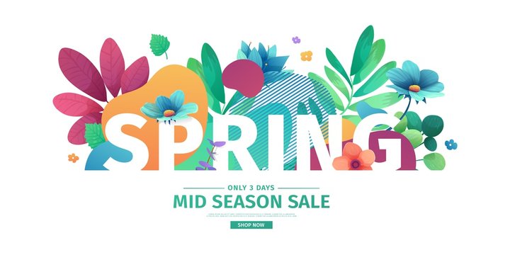 Template Design Banner For Spring Season Sale. Promotion Offer Layout With Plants, Leaves And Floral Decoration.  Abstract Shape With Flowers Frame. Vector