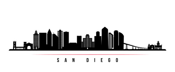 San Diego city skyline horizontal banner. Black and white silhouette of San Diego city, USA. Vector template for your design. - obrazy, fototapety, plakaty