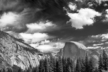 View of Half Dome with dramatic sky in Black and white, Yosemite National Park, California