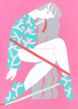 リボンをくわえた女性