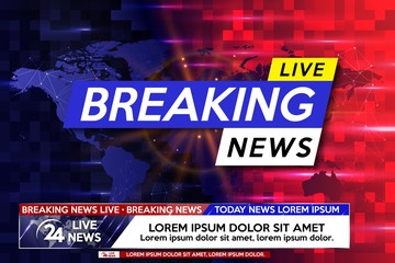 Background screen saver on breaking news. Breaking news live on world map on the blue and red background. Vector illustration.